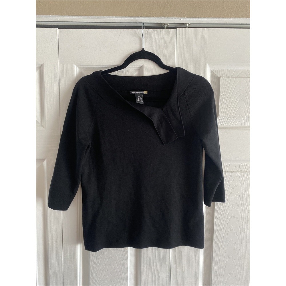 Sweaterworks Asymmetrical‎ Neck Silk Blend Sweater Womens Size XL Black Neutral